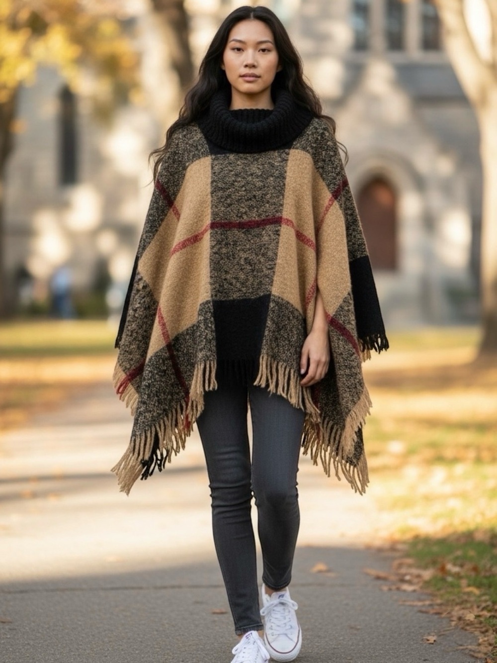 Steve Madden Camel Plaid Fringe Turtleneck Poncho Sweater. NWOT. O/S. Retail $95